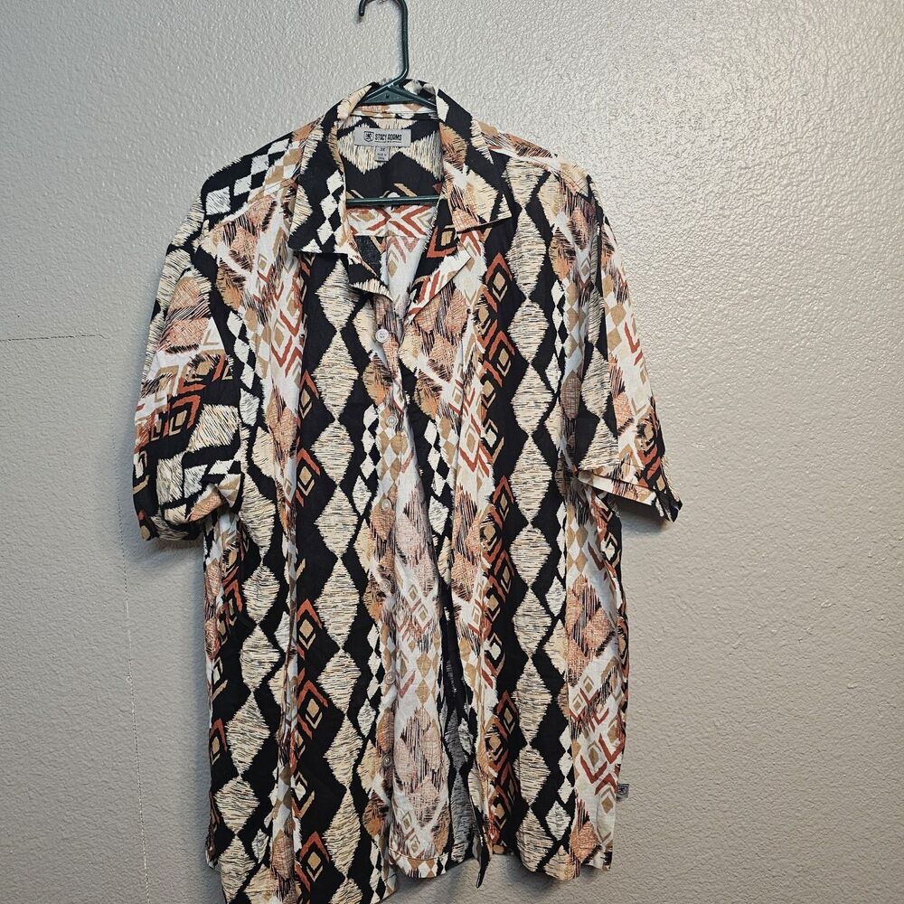Stacy Adams Linen Blend Button Up Shirt 3X Geometric Tribal Short Sleeve CC655